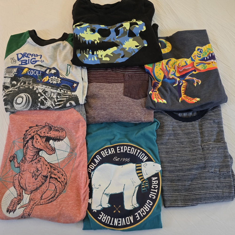 Boys Long Sleeve Graphic Tee Bundle 7pc Dinosaur Monster Truck Size 6 7 S